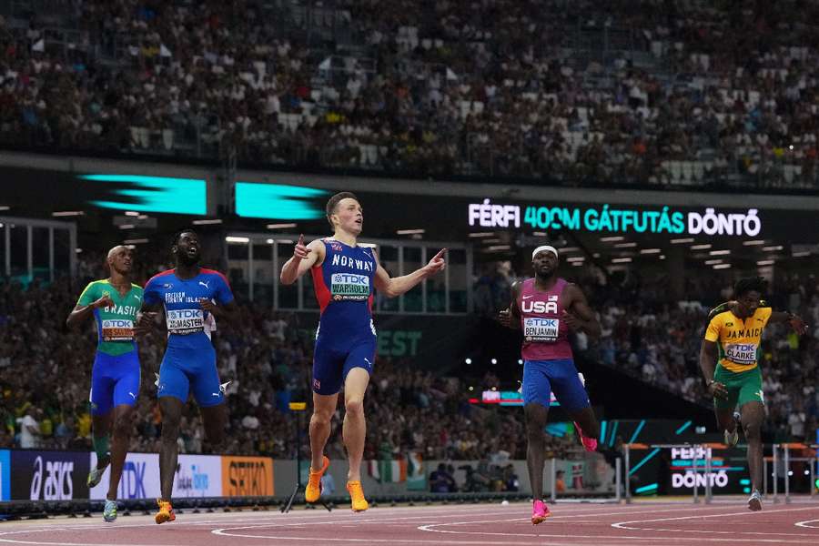 Warholm crosses the finish line to win the men's 400m Hurdles final