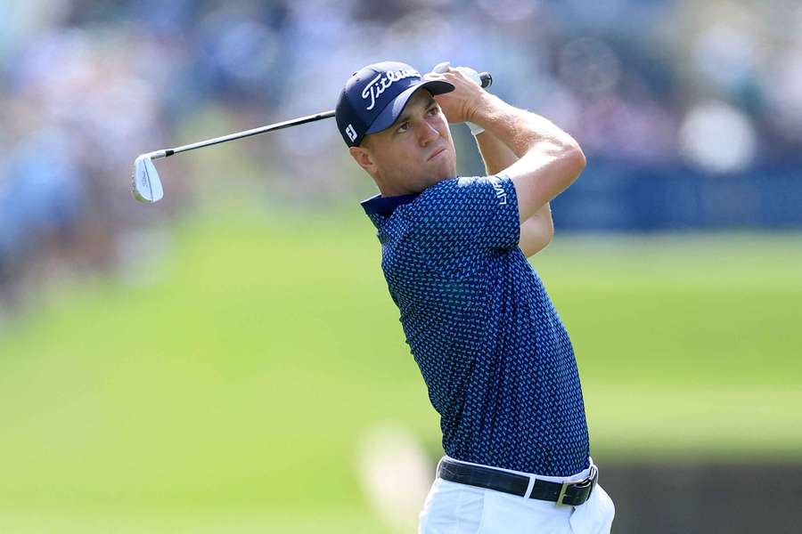 Justin Thomas on his second shot at the 10th hole during the second round of The Players (2025)