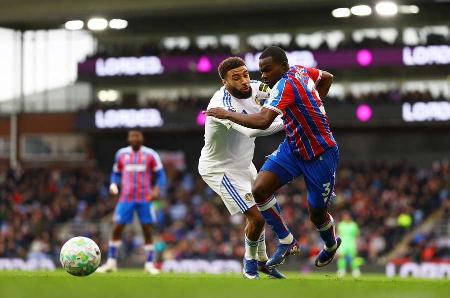 Crystal Palace's Tyrick Mitchell in action with Leeds United's Jayden Bogle
