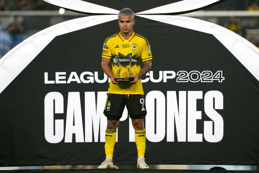 Cucho Hernandez of the Columbus Crew poses with the Leagues Cup Final MVP trophy