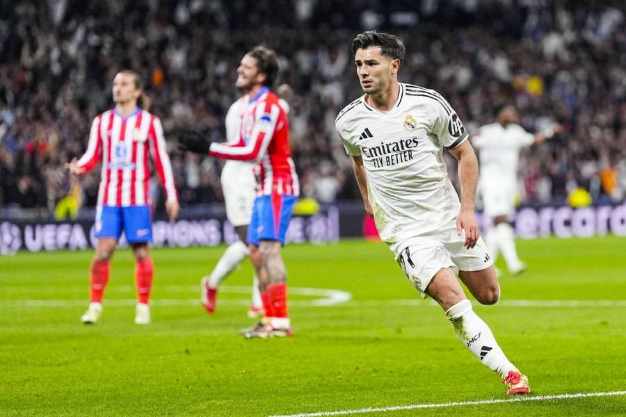 Brahim Diaz celebrates a goal during the UEFA Champions League match between Real Madrid and Atletico Madrid