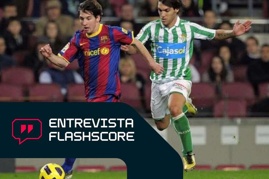 Israel Bascón, ante Leo Messi en el un Barça-Betis