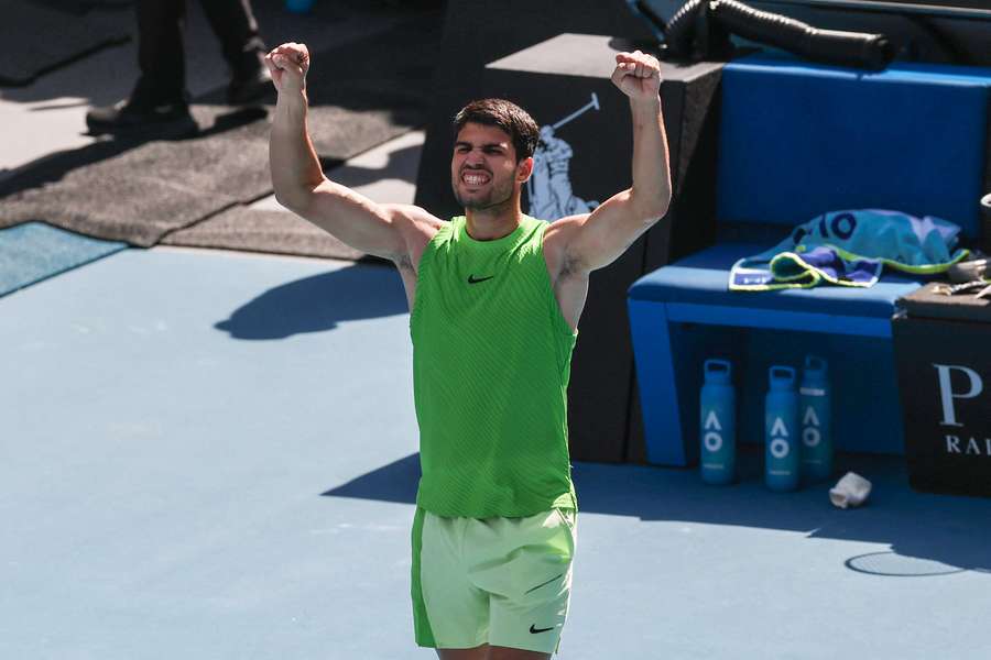 Carlos Alcaraz celebrates after victory against Tommy Paul