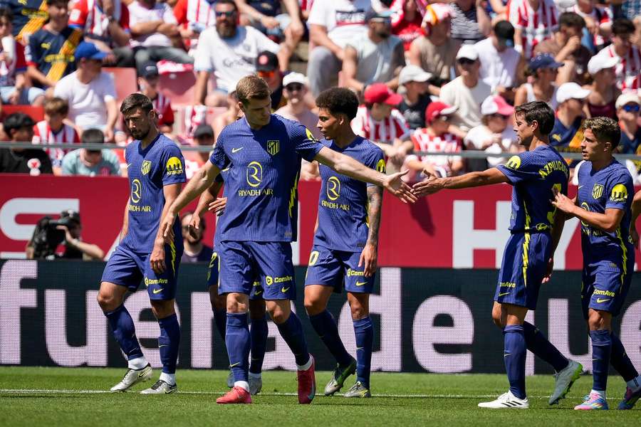 Atletico Madrid's Alexander Sorloth celebrates with teammates