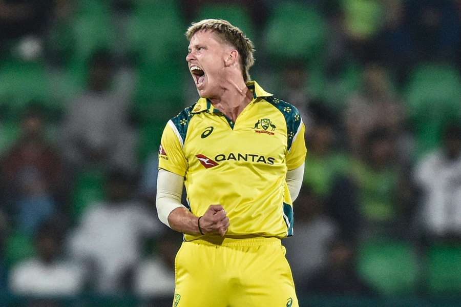 Nathan Ellis celebrates one of his career-best four wickets. 