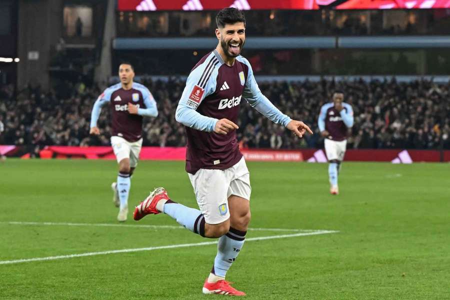 Marco Asensio of Aston Villa celebrates his scoring 