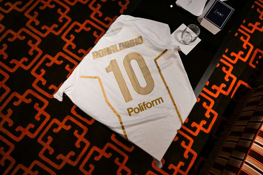 A Ronaldinho jersey is seen on a table during an event marking his presentation as ambassador and strategic partner of Italian club Ravenna FC