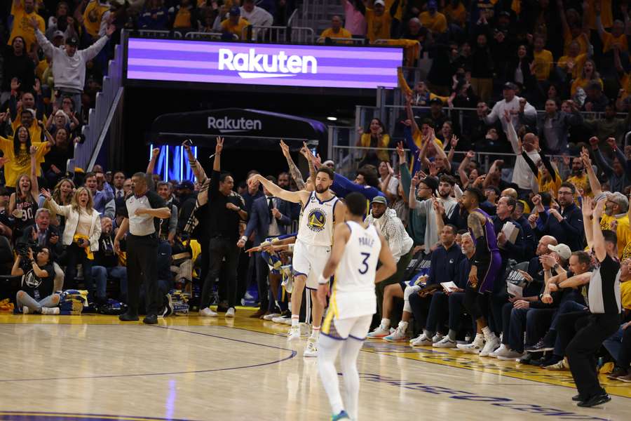 Klay Thompson of the Golden State Warriors reacts to a basket