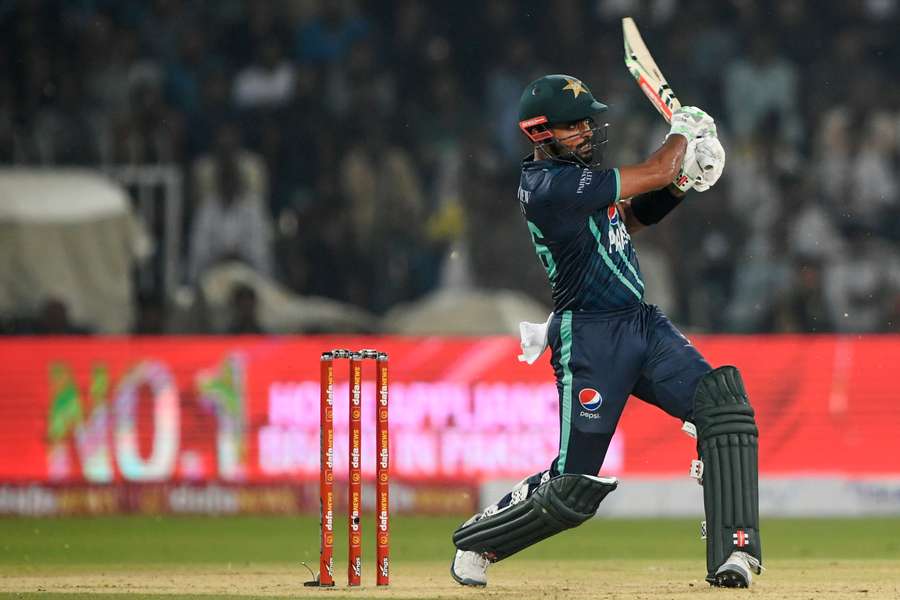 Pakistan's captain Babar Azam plays a shot during the sixth Twenty20 international cricket match between Pakistan and England