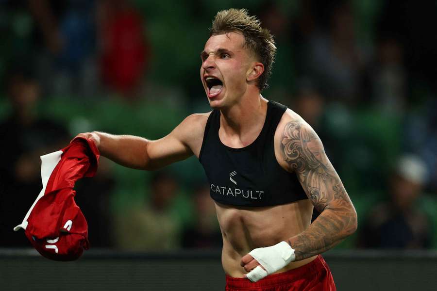 Luka Jovanovic celebrates his goal before being sent off against Melbourne City.