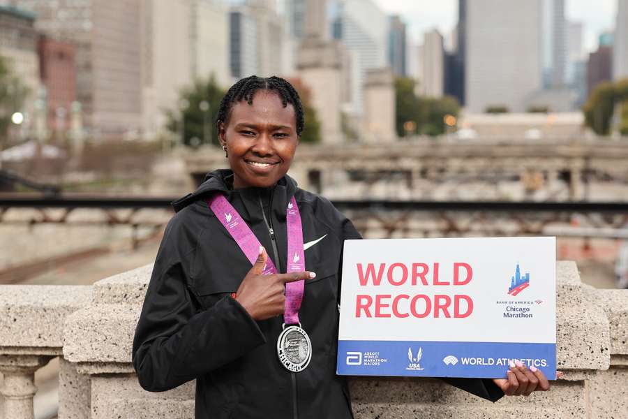 Ruth Chepngetich after breaking the marathon world record in Chicago