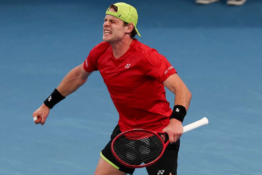 Belgium's Zizou Bergs celebrates after winning his men's singles match against the Czech Republic's Jakub Mensik at the United Cup