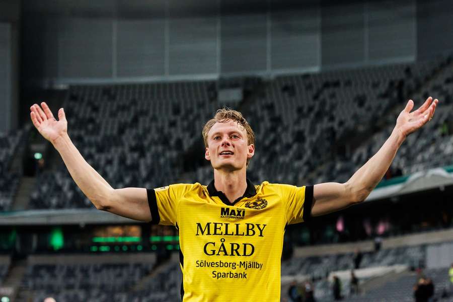 Mjallby's match winner Alexander Johansson celebrates at full-time