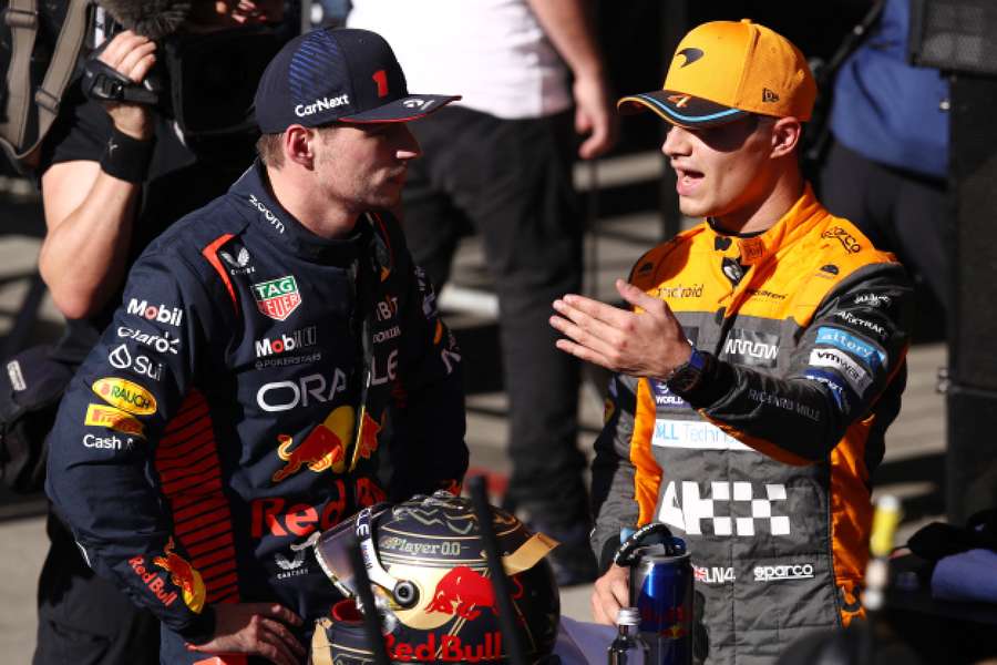 Red Bull's Max Verstappen celebrates after winning the sprint race with second-placed McLaren's Lando Norris 