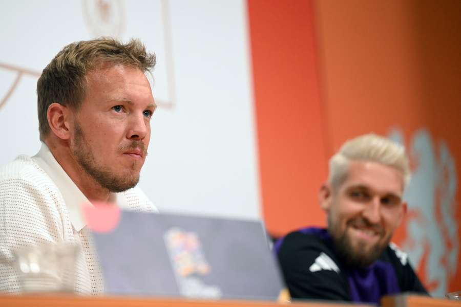 Julian Nagelsmann (right) and Robert Andrich during the pre-match press conference