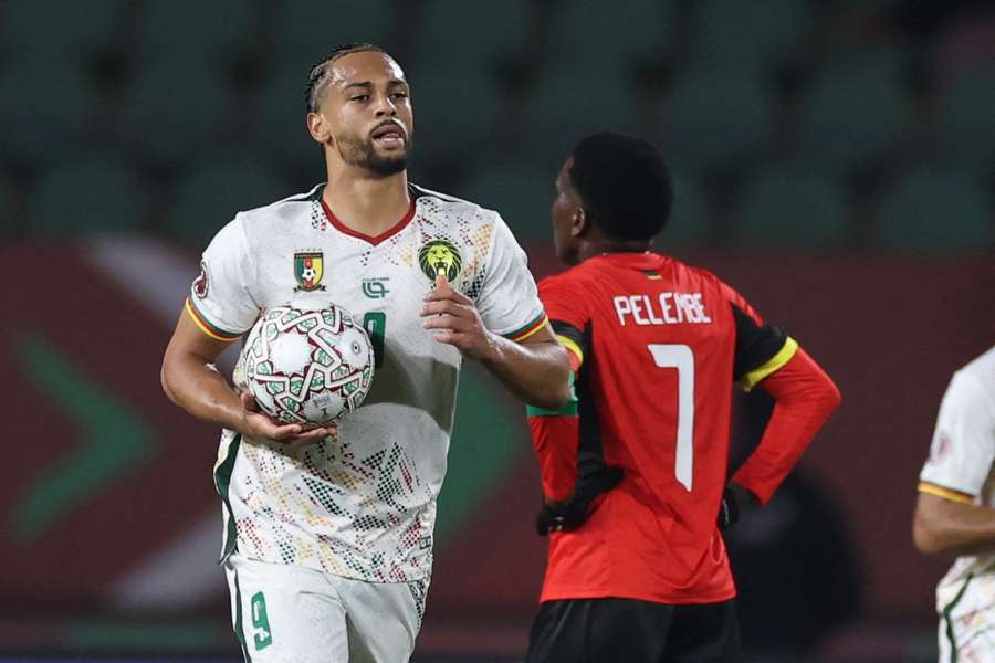 Cameroon's Frank Magri celebrates scoring his team's first goal against Mozambique