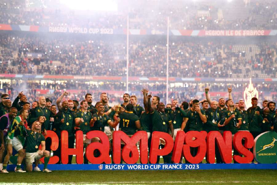 South Africa celebrate with the Webb Ellis Cup after winning the final