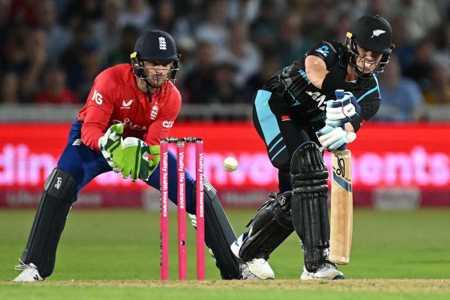 Mark Chapman plays a shot for four runs during the fourth T20 international cricket match between England and New Zealand