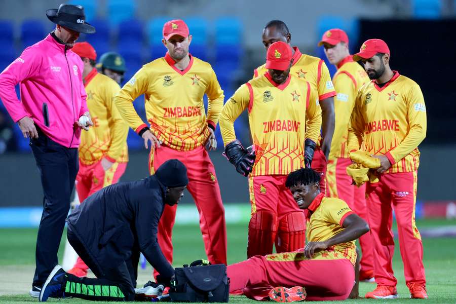 Zimbabwe's Richard Ngarava required medical attention after slipping over in wet conditions against South Africa