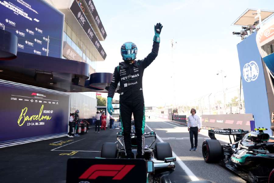 Geroge Russell celebrates pole Geroge Russell celebrates pole