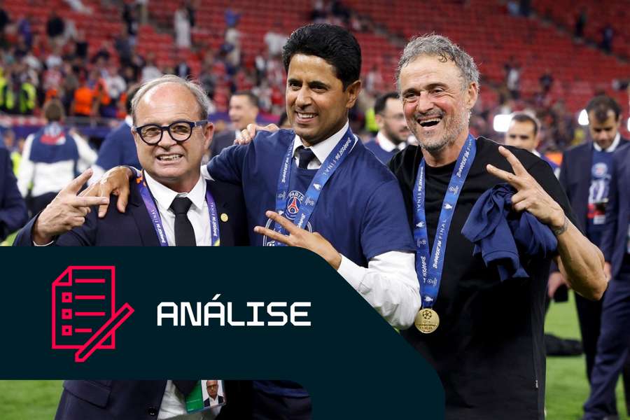 Luis Campos, Nasser Al-Khelaifi, Luis Enrique, após a vitória na Liga dos Campeões. Luis Campos, Nasser Al-Khelaifi, Luis Enrique, após a vitória na Liga dos Campeões.