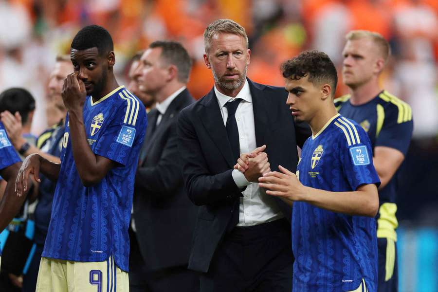 Graham Potter, Alexander Isak and Yasin Ayari look dejected after Sweden's 5-1 defeat to the Netherlands on Saturday Graham Potter, Alexander Isak and Yasin Ayari look dejected after Sweden's 5-1 defeat to the Netherlands on Saturday