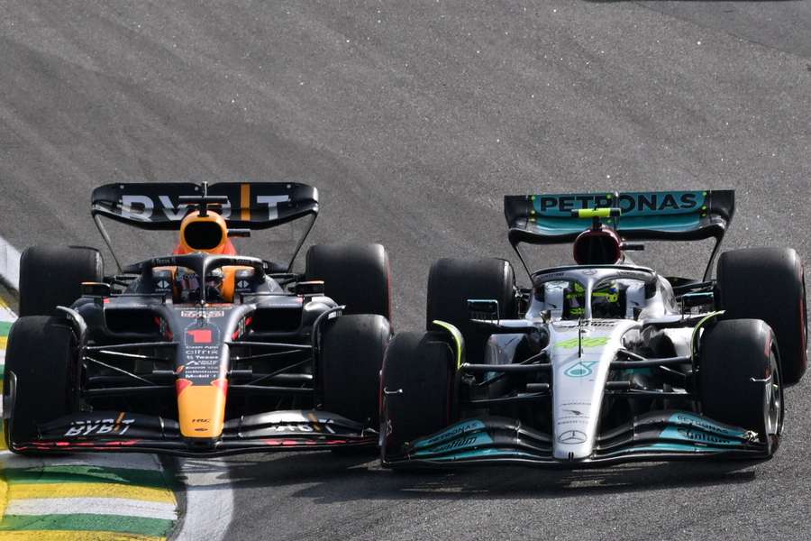 Max Verstappen and Lewis Hamilton race during the Formula One Brazil Grand Prix 