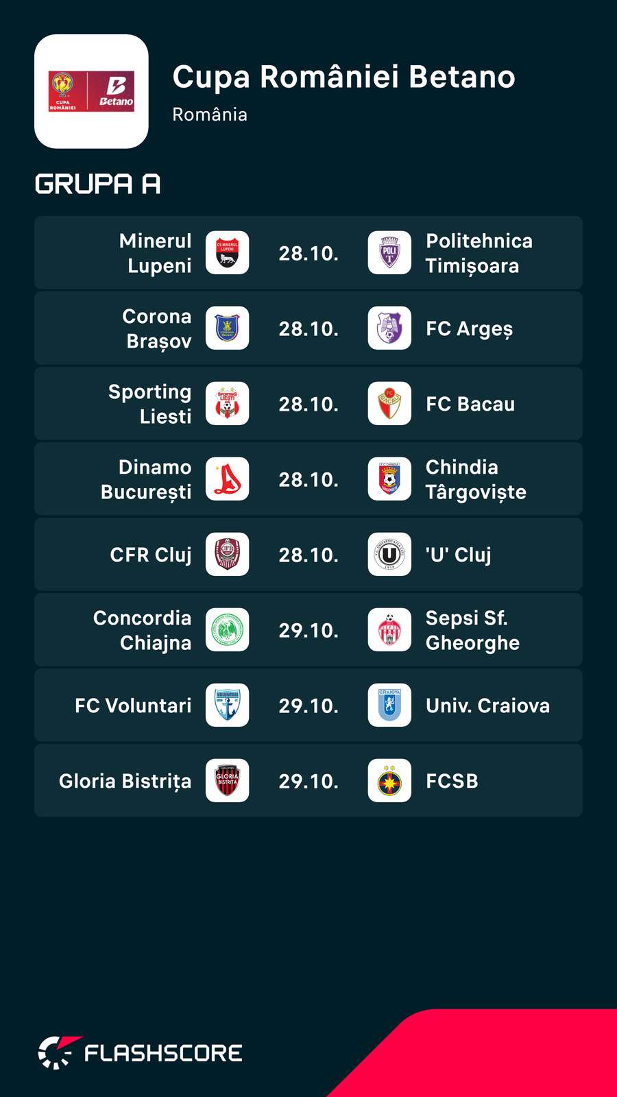 Cupa României - 28 și 29 octombrie 2026
