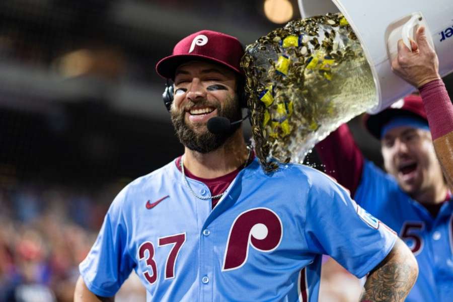 Philadelphia Phillies outfielder Weston Wilson is doused in celebration of hitting for the cycle in a victory against the Washington Nationals