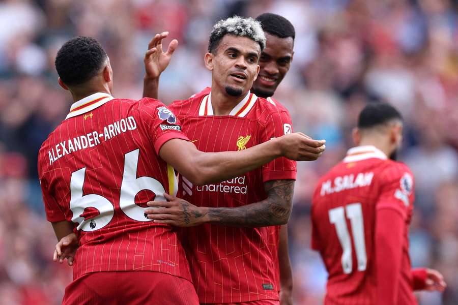 Luis Diaz celebrates with Trent Alexander-Arnold after scoring Liverpool's second goal