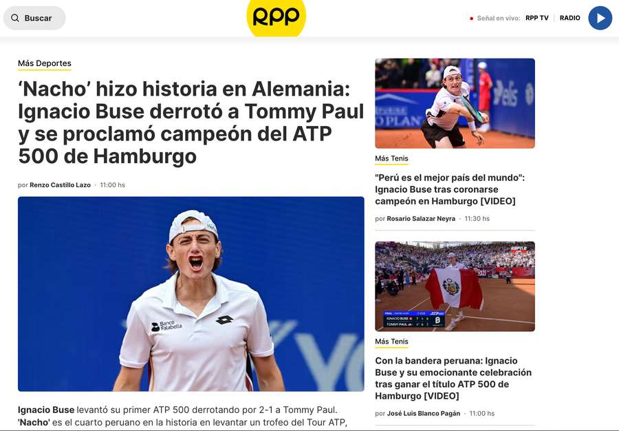Capa de jornal peruano após tenista do país ganhar torneio na Alemanha