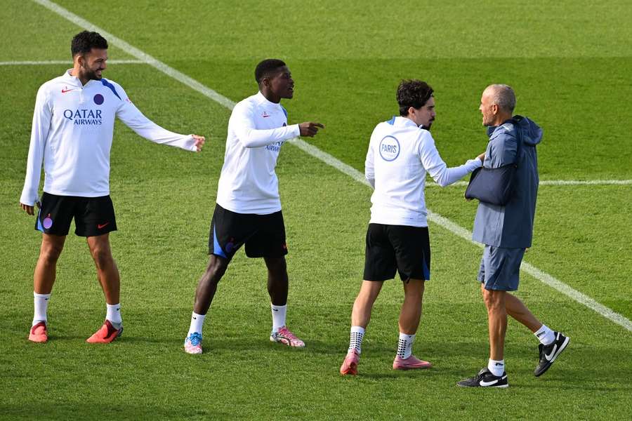 Luis Enrique and PSG players during training ahead of the Champions League match against Atalanta