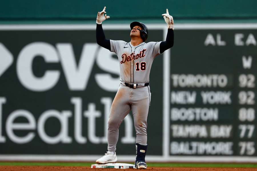 Detroit Tigers' Jahmai Jones reacts after hitting a two-run single to clinch the MLB Postseason
