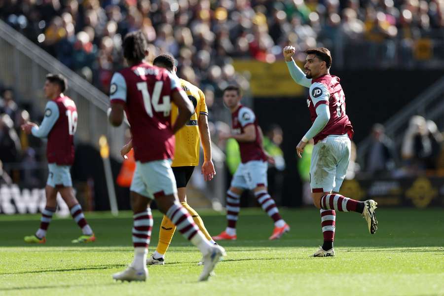 Lucas Paqueta of West Ham United celebrates scoring his team's first goal