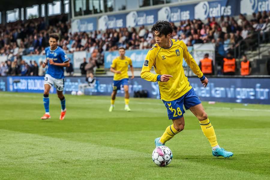Brondby's Yuito Suzuki in action against Lyngby