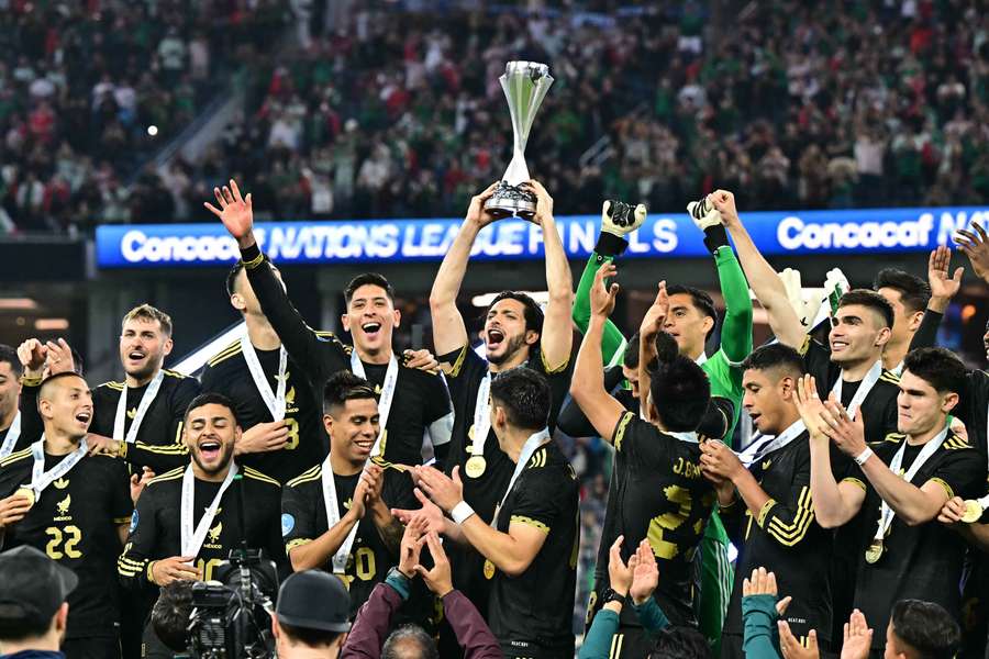Mexico's Raul Jimenez lifts the Nations League trophy