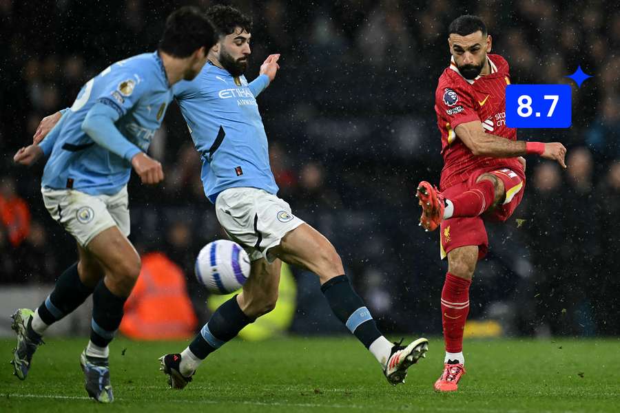 Liverpool forward Mohamed Salah (R) shoots past Manchester City defender Josko Gvardiol