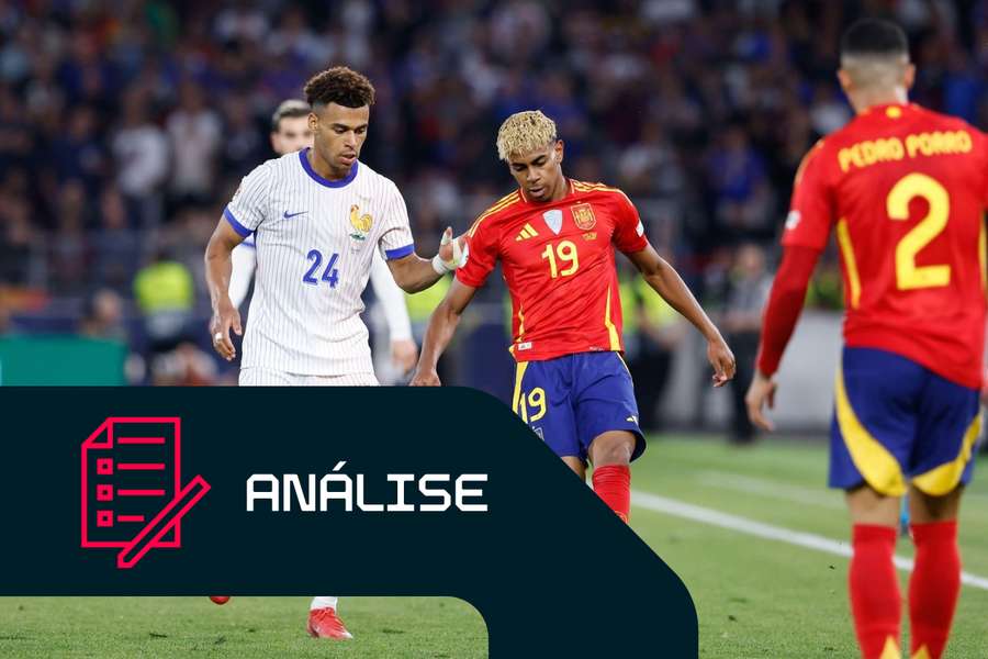Désiré Doué (França) e Lamine Yamal (Espanha) durante a meia-final da Liga das Nações