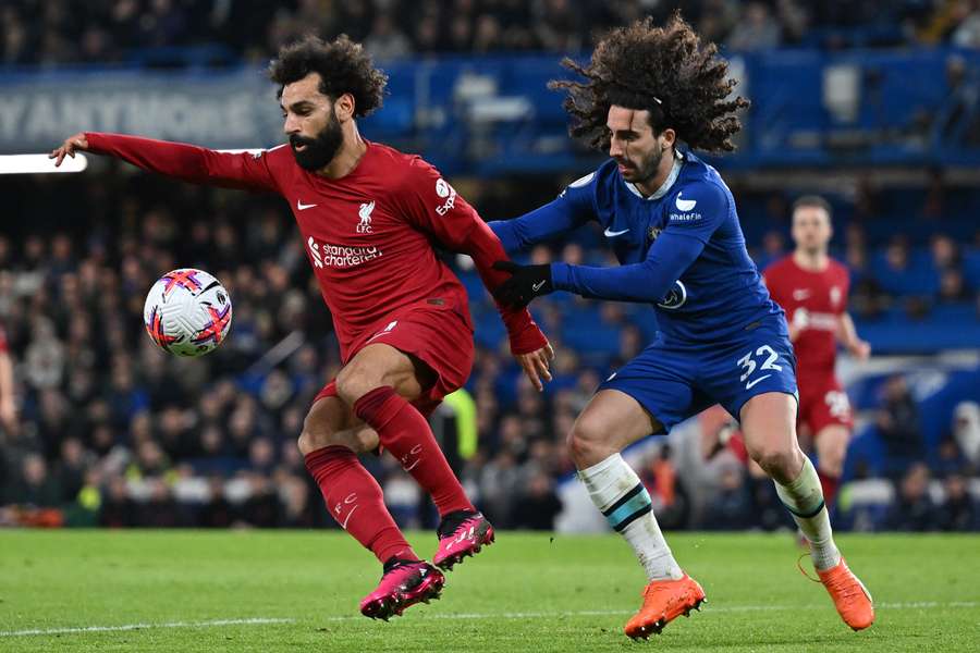 Liverpool's Egyptian striker Mohamed Salah vies with Chelsea's Spanish defender Marc Cucurella