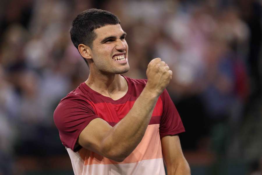 Carlos Alcaraz celebrates after his victory against Denis Shapovalov