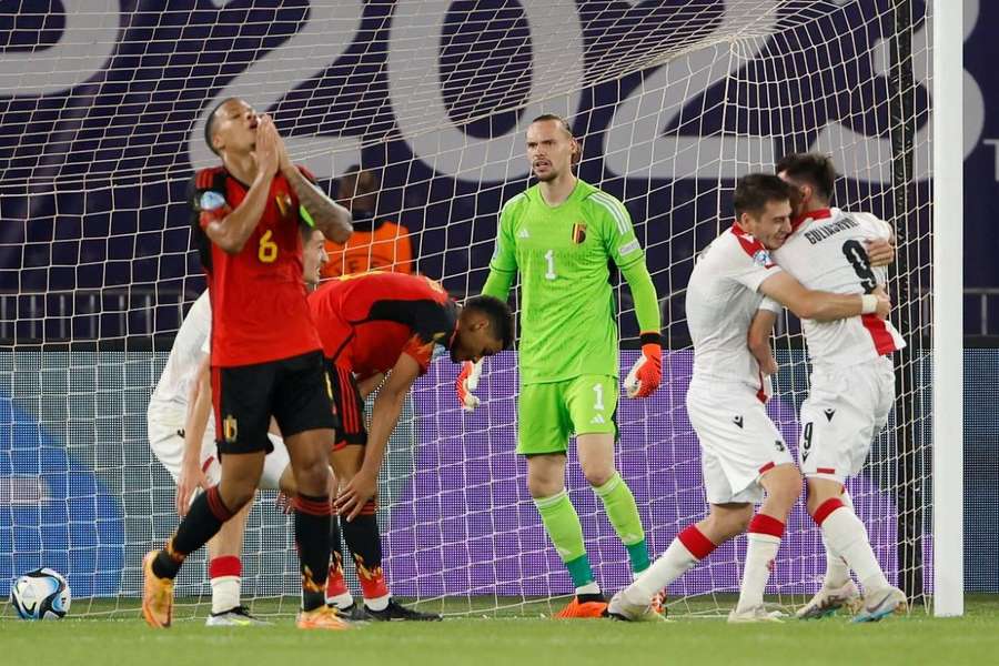 Guliashvili Giorgi celebrates scoring for Georgia as Belgium let a 2-0 lead slip