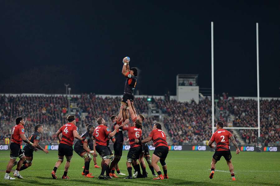 Wallace Sititi rises to compete in a lineout during the Super Rugby Pacific grand final.