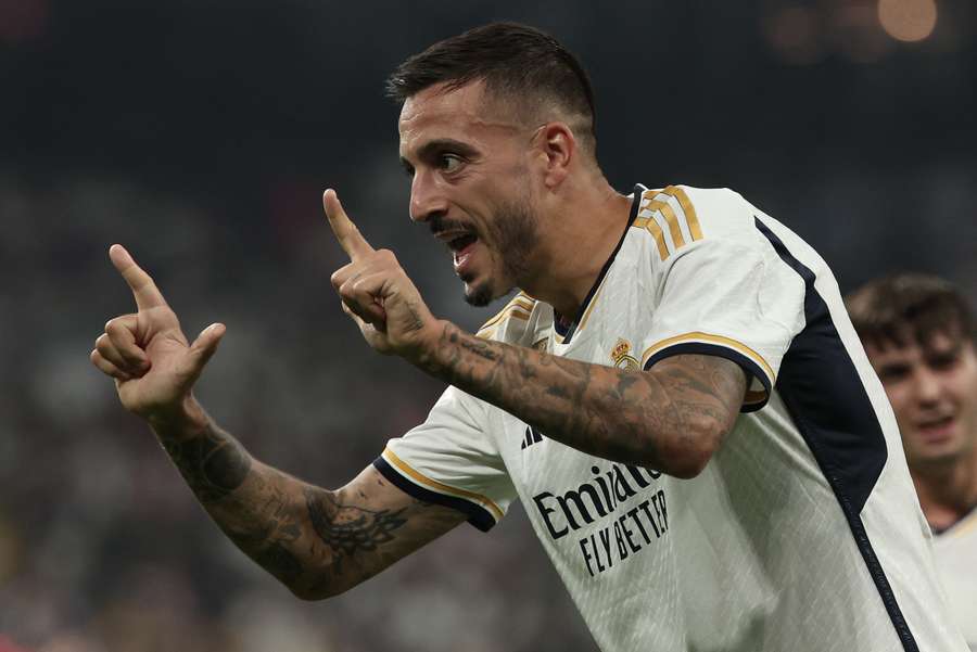 Real Madrid's Spanish forward #14 Joselu celebrates after scoring his team's second goal
