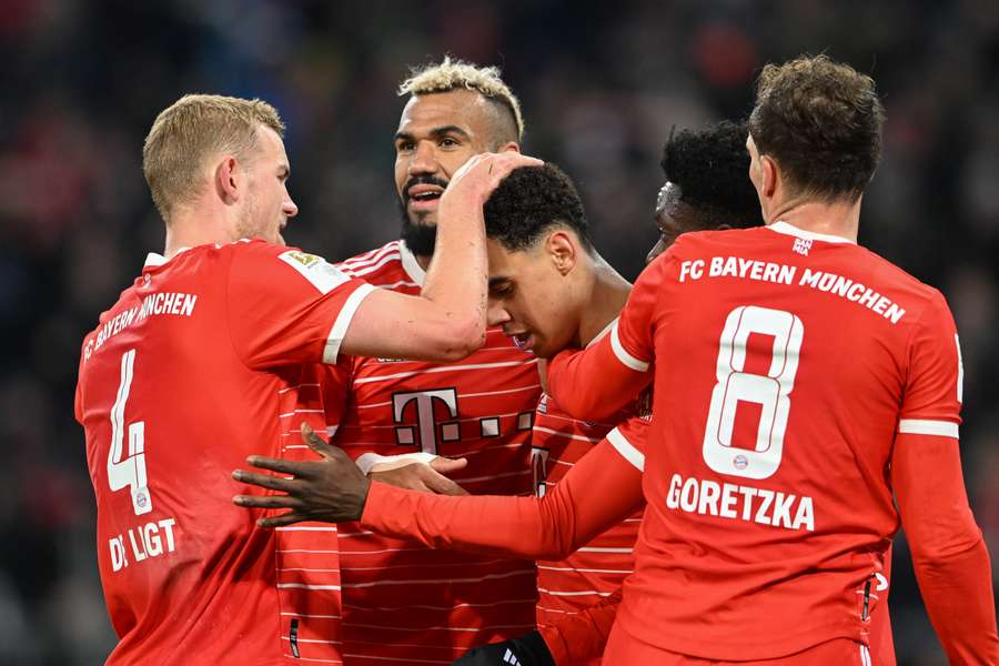 Bayern Munich's German midfielder Jamal Musiala celebrates scoring the 3-0 goal