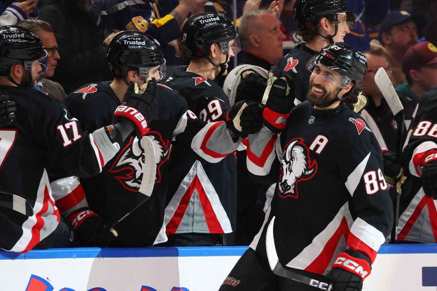Buffalo Sabres forward Alex Tuch celebrates goal with teammates