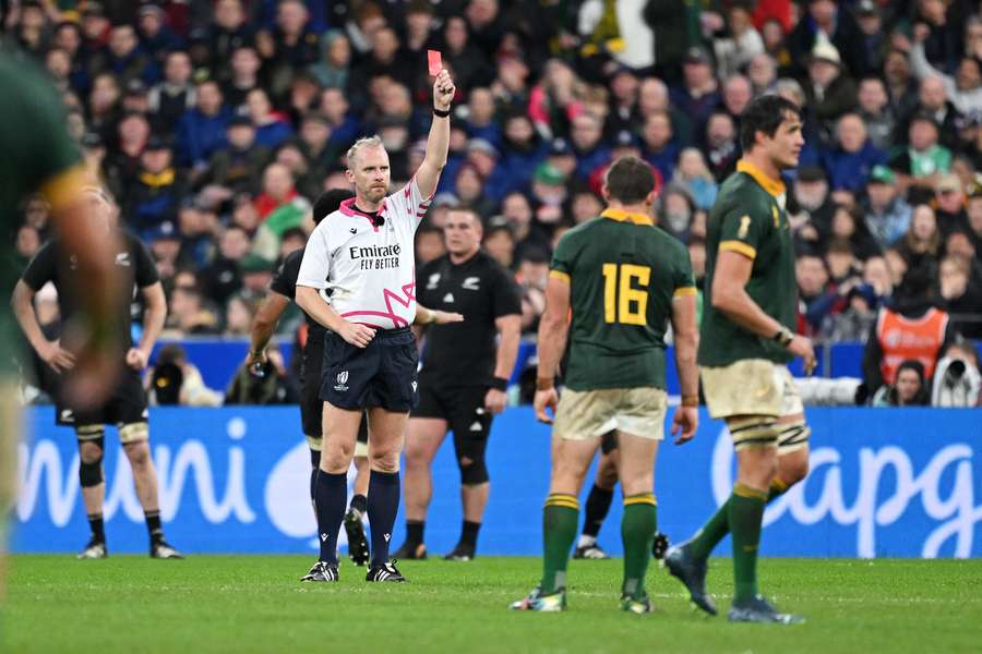 Referee Wayne Barnes upgrades Sam Cane's yellow card to red