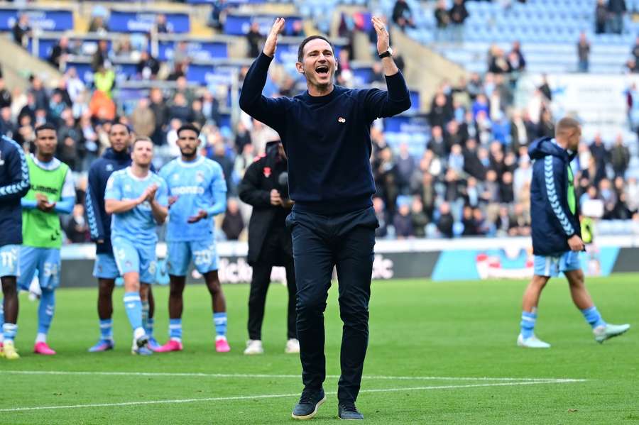 Coventry City manager Frank Lampard celebrates victory over Watford Coventry City manager Frank Lampard celebrates victory over Watford