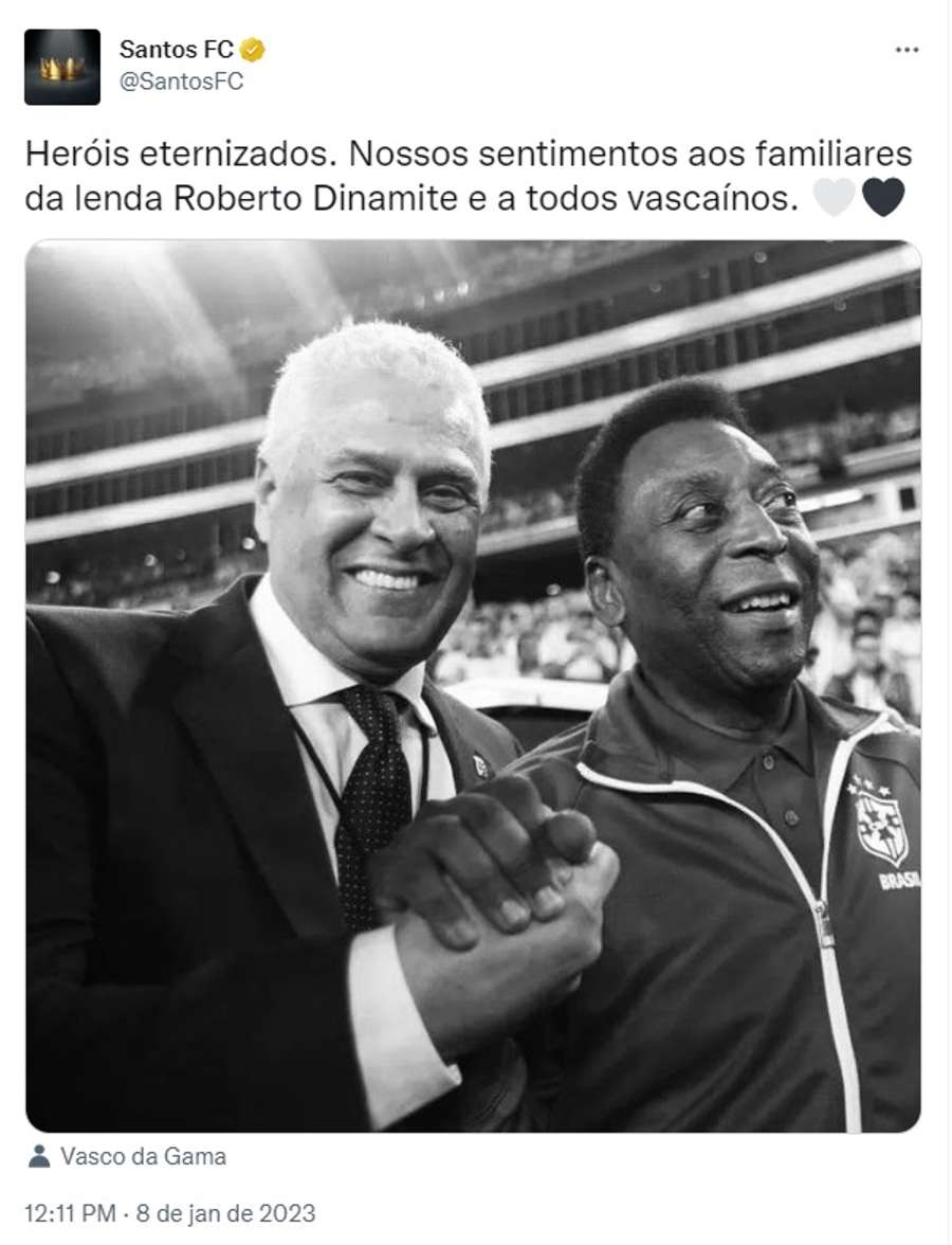 O Santos escolheu uma imagem com Pelé para homenagear Roberto Dinamite
