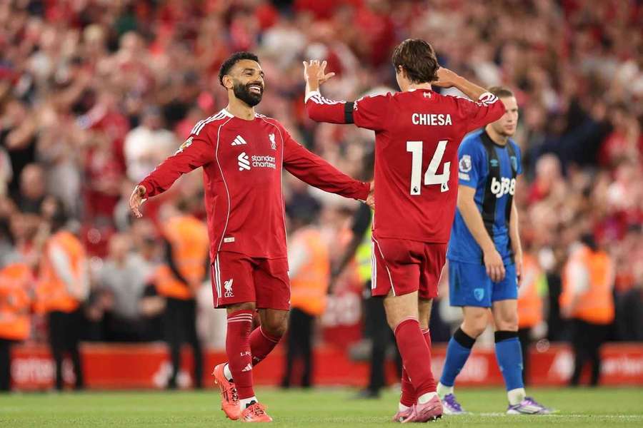 Mo Salah and Federico Chiesa of Liverpool celebrate