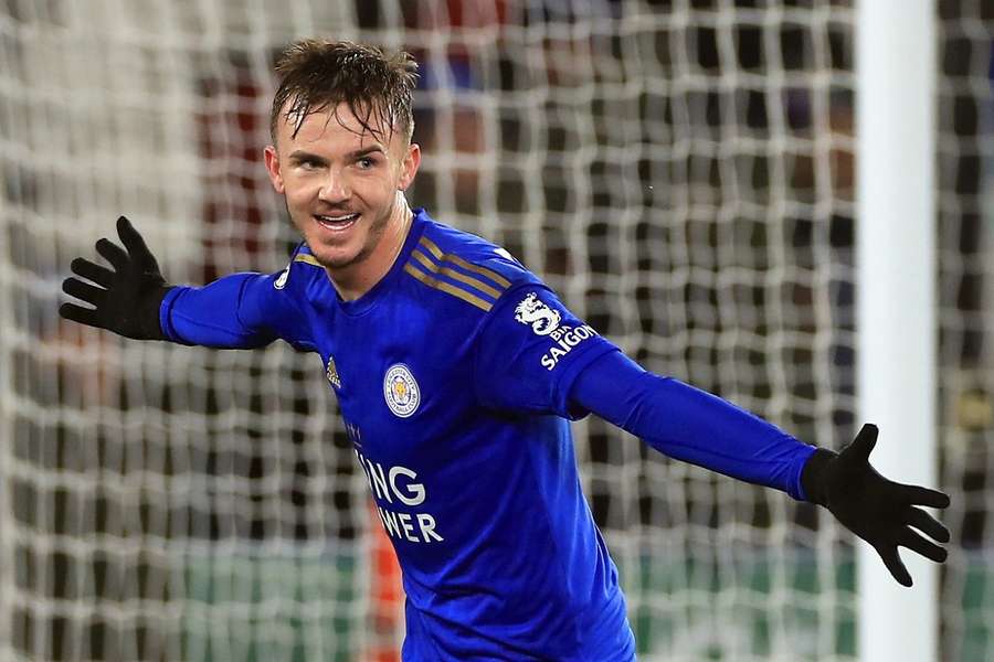 James Maddison scorend in het shirt van Leicester City